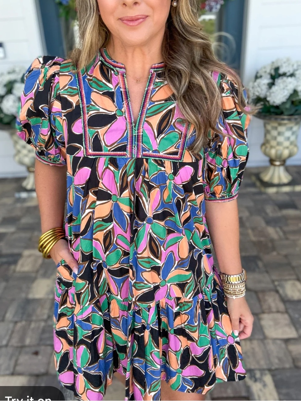 Colorful Floral Puff-Sleeve Mini Dress - Pink/Green/Blue